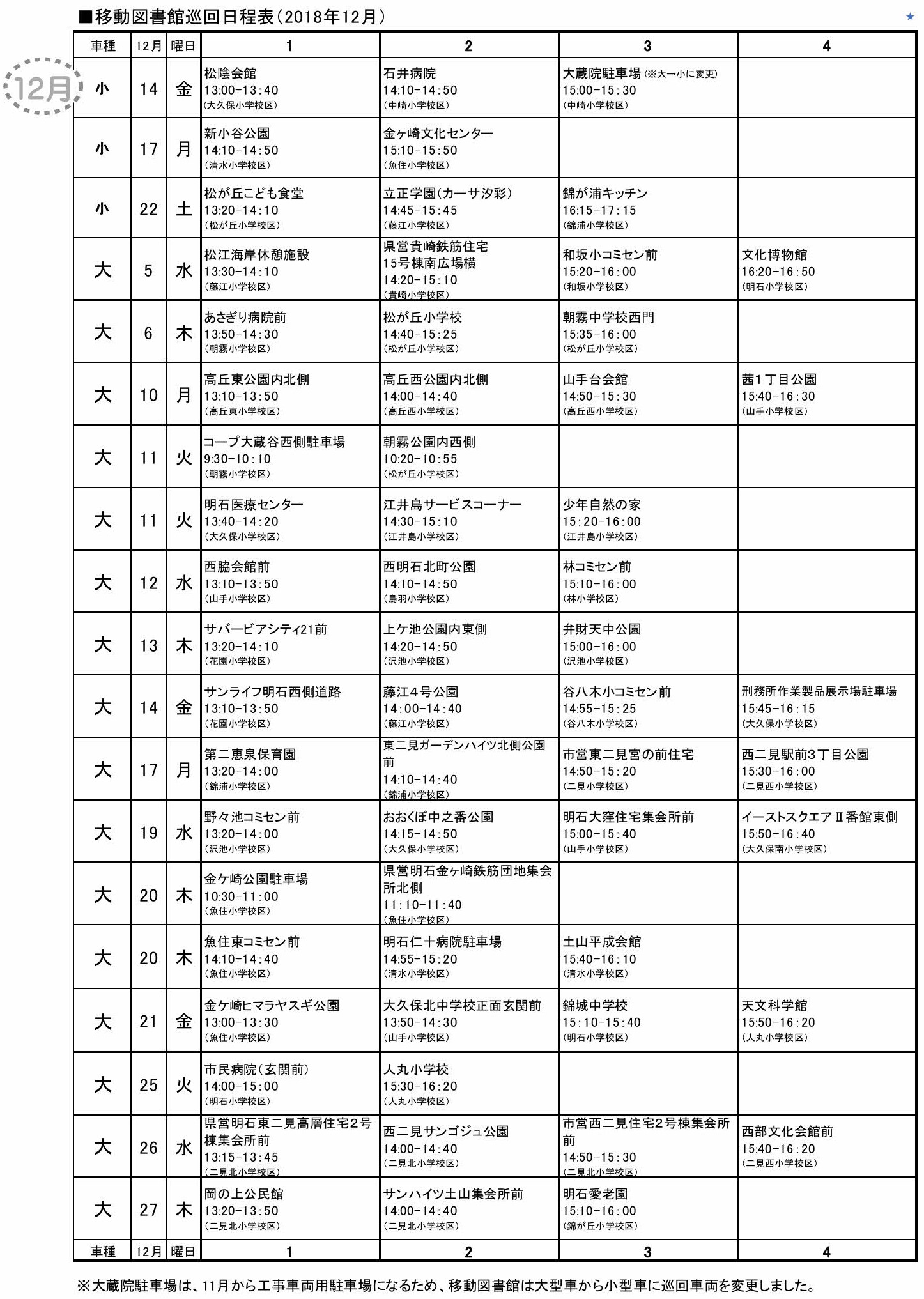 移動図書館巡回日程表(平成30年 12月)