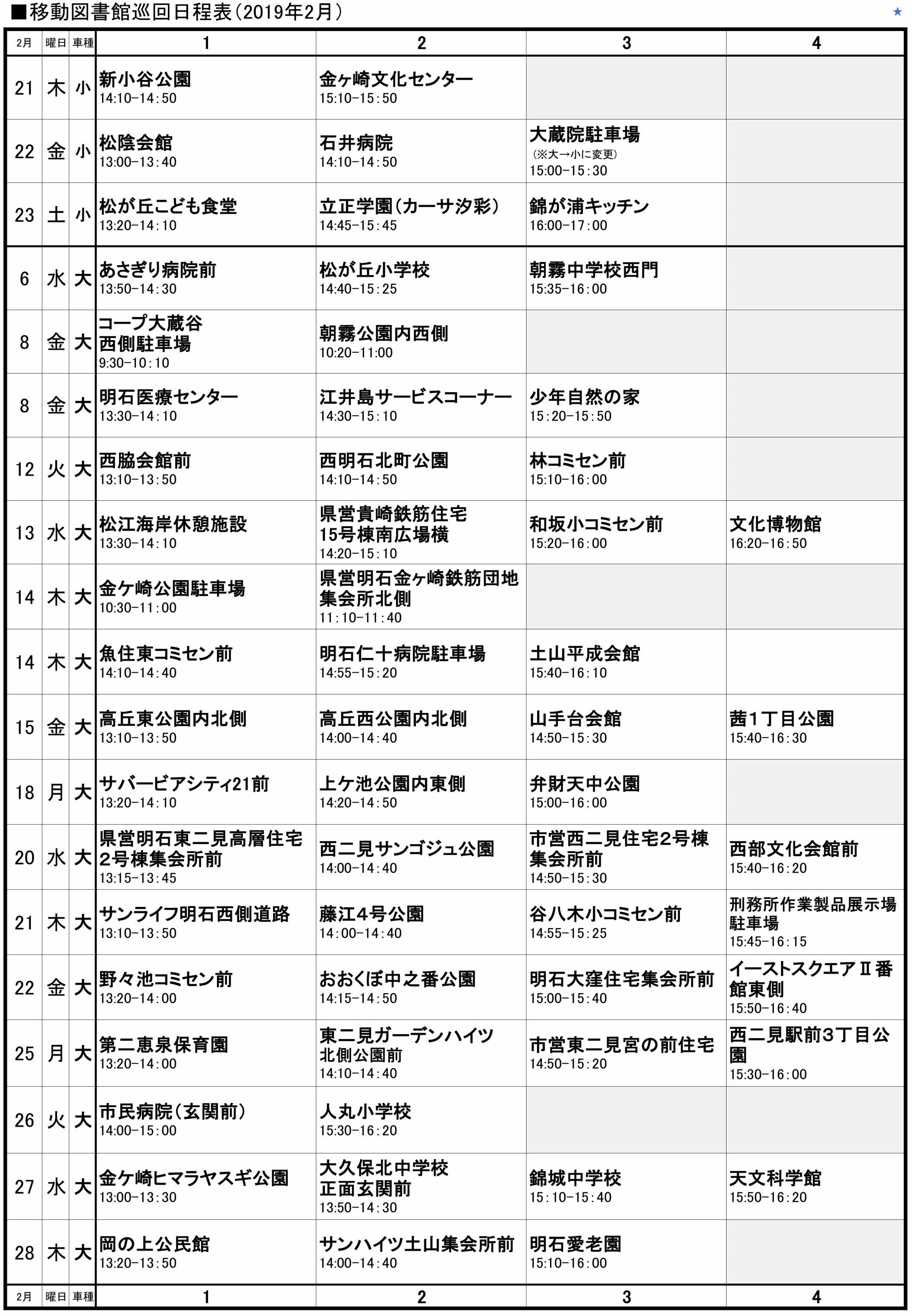 移動図書館巡回日程表(平成31年 2月)