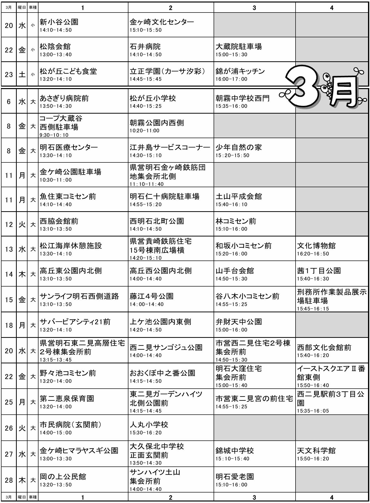 移動図書館巡回日程表(平成31年 3月)