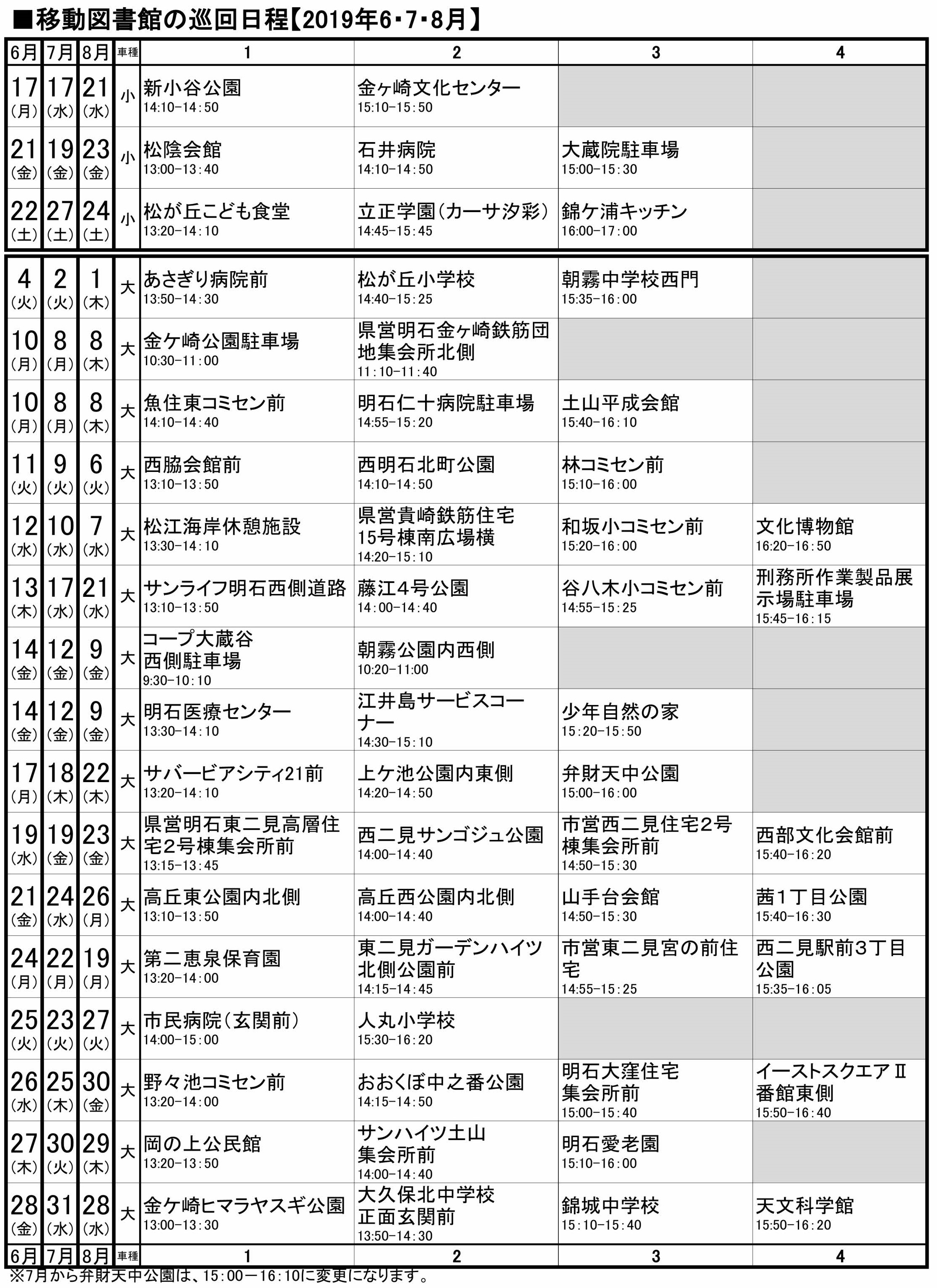 移動図書館巡回日程表(2019年 6~8月)