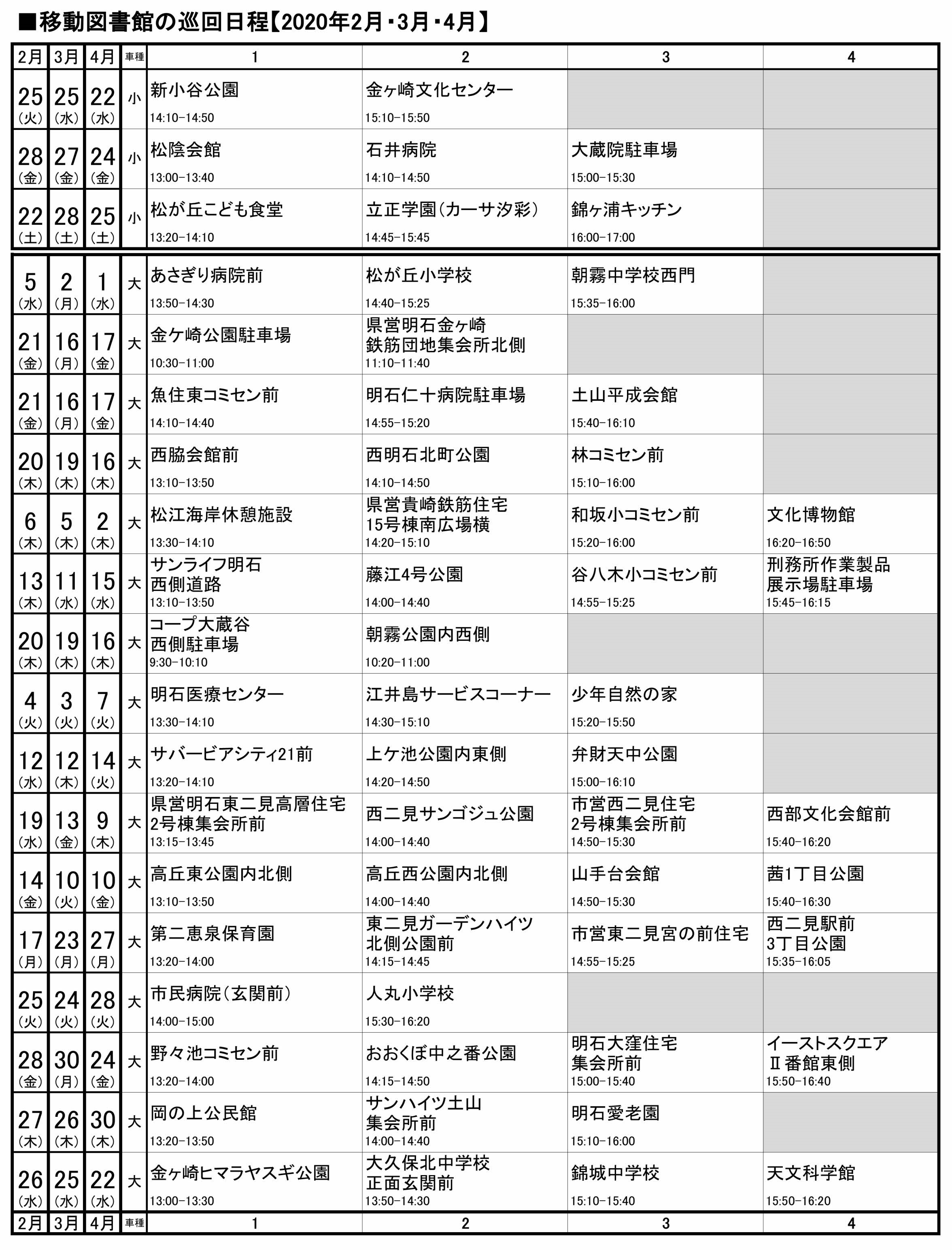 移動図書館巡回日程表(2020年 2~4月)